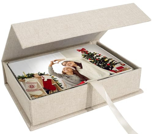 Hiwhy Fotos Caja de Almacenamiento 10x15 cm, Caja Organizadora de Lino, Caja de Recuerdos para Guardar Fotos, Imágenes, Certificados, Accesorios para Álbum de Recortes, Recuerdos y Joyas Beige