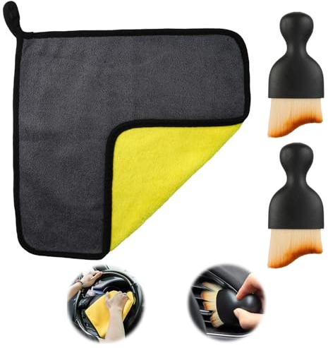 Duluok Kit de Nettoyage de Voiture, 2 Pièces Brosse à Poussière de Voiture, 1 Pièces Super Absorbant Chiffon Microfibre Voiture, pour Tableau de Bord, Sortie Dair, Entretien de la Voiture