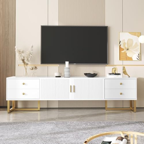 Sweiko Meuble TV bas avec portes structurées, panneau bas, armoire avec poignées dorées, meuble de salon avec pieds dorés (blanc, 175 x 30 x 46 cm)