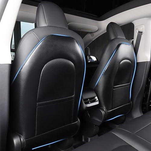 TOPABYTE Rückenlehnenschutz Tesla Model 3 Y S X Rücksitze Trittschutz Sitz Rücksitz Trittmatten für Kinder Leder Rücksitzmatten Rücksitzbezug mit Extra Organizer, 2 Stück - Kohlefaser