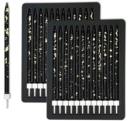 24 pcs 13CM/5.1 inches Long Tall Black Birthday Candles with Gold Pieces for Cake is Perfect Cake Decorations (ShinyBlack)