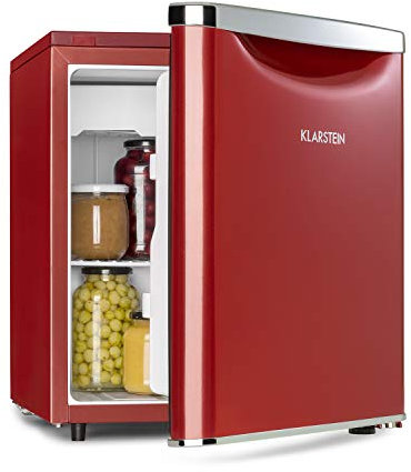 Klarstein Yummy Refrigerador con compartimento congelador, R600a, 42 dB, 1 x estante de rejilla, incluye bandeja de goteo, 45 L, compartimento congelador: 3 litros, refrigerador: 42 L, rojo