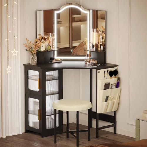 LVSOMT Schminktisch Eck mit Beleuchtung, Eckschminktisch mit Ladefunktion, Moderner Schminktisch Set mit Spiegel & Hocker, 3 Färben LED Schminkspiegel, Für Ecke oder Flache Wand Schlafzimmer, Schwarz