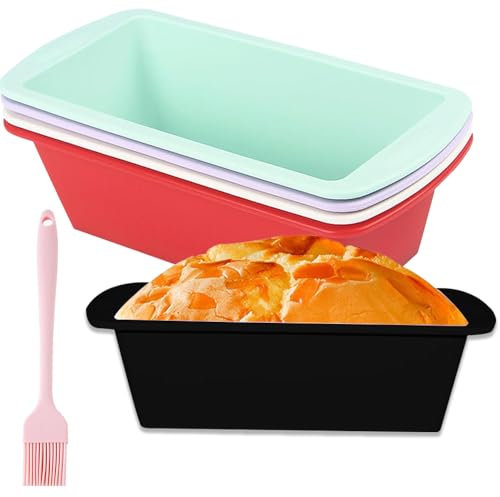 Silicone Loaf Tins, 5 PCS Mini Loaf Tins, Small Cake Bread Tins with Silicone Basting Pastry Brush 1Lb Rectangle Loaf Pans for Cakes Breads or Loaves 19.5 x 9.5 x 5.5 cm 5 Colors