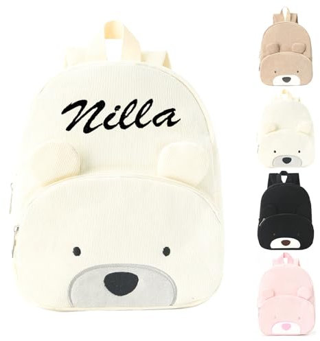 Personalisierte Rucksack Kinder mit Gestickt Namen, Bär Kinderrucksack für Mädchen Junge, Kita Mini Backpack Kleinkind, Kindergartenrucksack Schulranzen Tasche für Kindergarten Schule (Weiß)