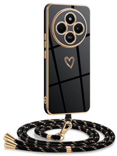 Mkej Hülle Kompatibel mit Xiaomi Redmi 14C 4G Hülle mit Band, Galvanik Silicone Handyhülle mit Herz Love Design, Abnehmbar und einstellbar Handykette für Xiaomi Redmi 14C 4G
