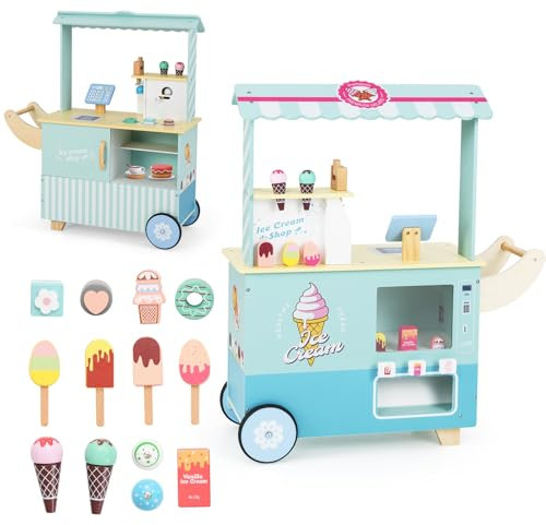 HOMASIS Kinder Eiswagen Holz mit 15 Zubehör, Kaufladen mit 6 Spielzeug-Eiscreme, Eismaschine, Verkaufsautomat, Kasse, Scanner, Eisdiele mit Rädern & Vordach, Verkaufsstand für Kinder ab 3 Jahre (Grün)