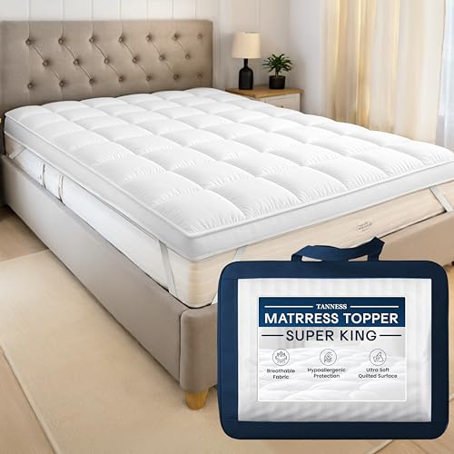 Tanness Super King Mattress Topper - 4 Inch 10cm Thick, Extra Deep, Quilted, Soft & Breathable Microfiber, Extra Warmth & Comfort, Hypoallergenic, Machine Washable, Secure Fit with Elastic Straps
