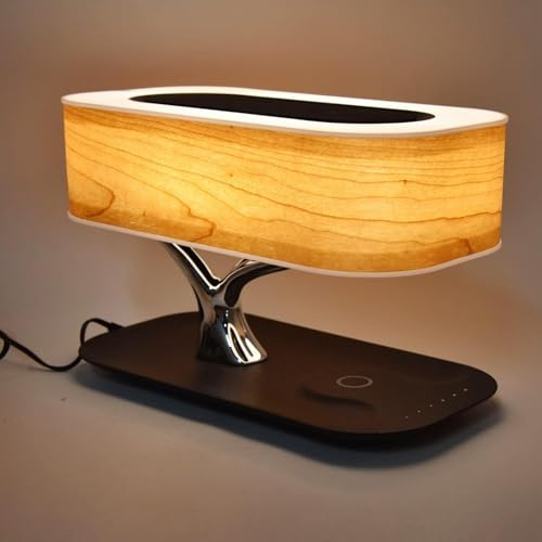 THYXGS Lampe De Chevet avec Enceinte Bluetooth Et Chargeur sans Fil, Lampe De Bureau avec Mode Veille Et Variateur D'intensité, Lampe Haut-Parleur Stéréo Tactile Intelligente, pour La Maison