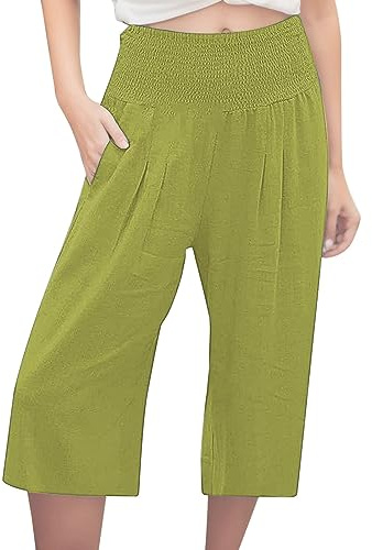 Pantalon Fluide Femme Taille Elastique 3/4 en Lin pour Femmes Ete Leger Pantacourt Jean Noir Plage Coton Rayé avec Poches Et Cordon De Serrage Léger Les Vacances Été Large Haute