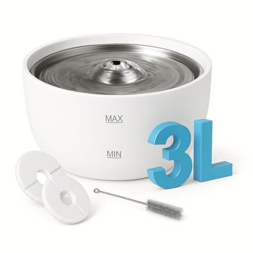 Fontanella per Gatti 3L con Coperchio in Acciaio Inox – Distributore d’Acqua Silenzioso per Gatti e Cani di Tutte le Taglie – LED Livello Acqua, Lavabile in Lavastoviglie – 2 Filtri + Spazzola Inclusi