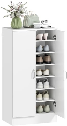 HOMCOM Scarpiera Ingresso con 2 Ante, Scarpiera Armadio Multiuso a 6 Ripiani Regolabili in Legno con Cerniere Ammortizzate, Porta Scarpe Salvaspazio per 14 Paia, Max EU 45, 55x35x108 cm, Bianco