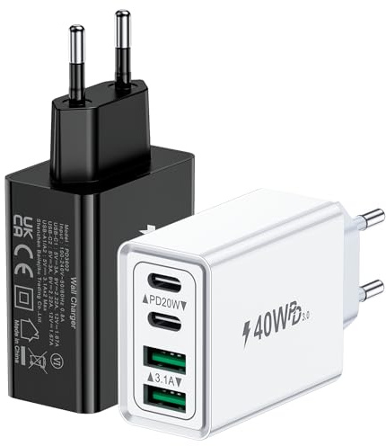 2-Pack USB C Ladegerät, 40W 4-Port Netzteil USBC Fast Charger USB-C Adapter + USB Stecker Schnellladegerät Ladestecker USB Schnellladen für iPhone 16 15 14 13 12 11 Pro Max, iPad, Samsung, Handys