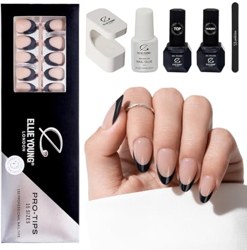 Ellie Young 150pcs French Tip Pre-designed, Press On Nails Black Short Almond Nail,15 Sizes PROTIPS Soft Gel Nail Extensions for Easy DIY Natural Look(SET) French Short Almond