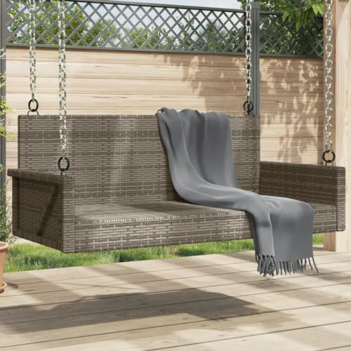 SKTQYQO Schaukelbank Grau aus Polyrattan 119 x 56 x 48 cm mit Schwingfunktion und Befestigungsringen, wetterfestes Material und lackierter Stahlrahmen
