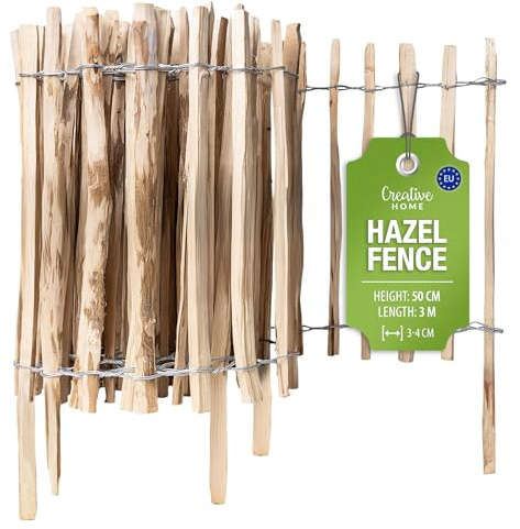 Creative Home Staketenzaun 50cm hoch und 3m lang | Lattenabstand 3-4 cm | Haselnusszaun | Rollzaun | Gartenzaun Holz Holzzaun | Zaun Garten Ideal als Rasenkante Blumenbeet Umrandung aus Haselnuss