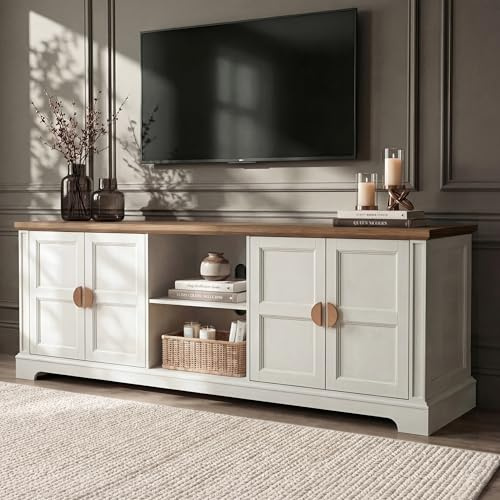 Blisswood 170cm TV Stand Cabinet for 55–80 Inch TVs, Large Wooden Media Console with Storage Cupboards & Adjustable Shelves, Oak Effect Top & Soft Close Doors, TV Table for Living Room & Bedroom_White