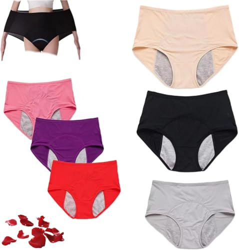 Auslaufsichere Höschen für Damen, hohe Taille, Übergröße, 5 Stück, Baumwolle, waschbar, hohe Saugfähigkeit, Menstruations-Unterwäsche nach der Geburt, 95–105 kg, Größe L