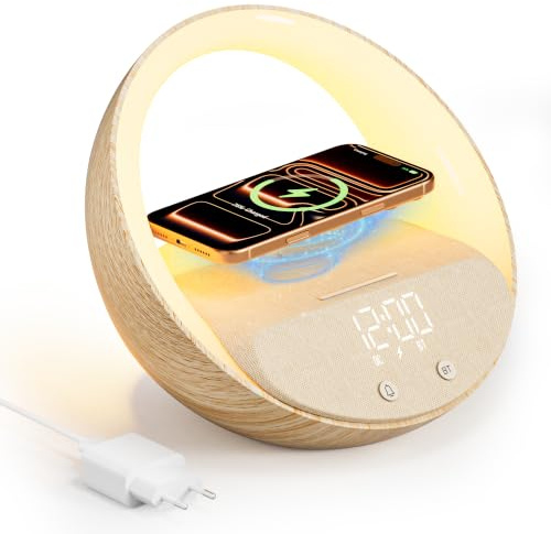 COLSUR Wireless Charger mit Bluetooth Lautsprecher Tageslichtwecker | 15W Wecker mit Ladestation, 5.3 Bluetooth, Farbige Nachtlicht, 7 White Noise Zuhause, Schlafzimmer Geschenke für männer