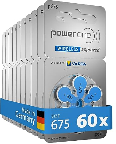 VARTA, PowerOne Batterie per apparecchi acustici tipo 675, 60 pezzi, blu, pile confezione economica, per amplificatore acustico, Made in Germany