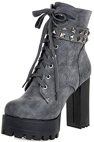 Smilice Damen Plateau Stiefeletten mit hohem Blockabsatz und Niete (Grau, 40 EU)