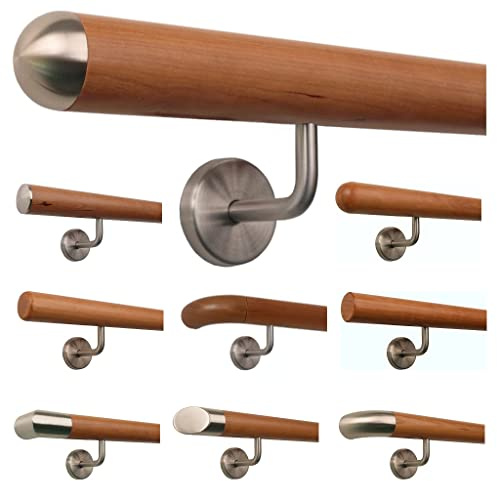 TIBU Kirschbaum Holz Handlauf Geländer 0,3m - 5m, Länge 180 cm, Ende Halbrunde Edelstahlkappe und 3 gewinkelte Halter