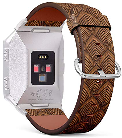 Kompatibel mit Fitbit Ionic Lederarmband, Armband mit Edelstahl-Verschluss und Adaptern (geschnitzt auf Holz)