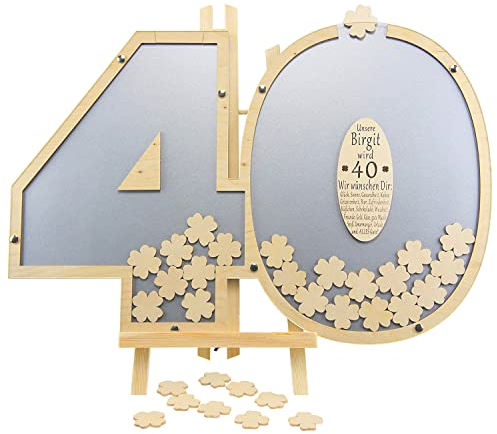 Laserano - Gästebuch personalisierbar mit Holzzahlen 40 | 40x60cm in Grau | Holz Kleeblätter zum Beschriften - Geburtstag Geschenk für Frau & Mann - 40. Geburtstag | Made in Germany