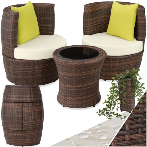TecTake® Ensemble Salon de Jardin encastrable en Poly Rotin 2 Personnes Ensemble Fauteuil Salon et Table de Jardin, Coussins & Pot de Fleur Inclus, Mobilier de Jardin pour Amenagement Balcon Terrasse