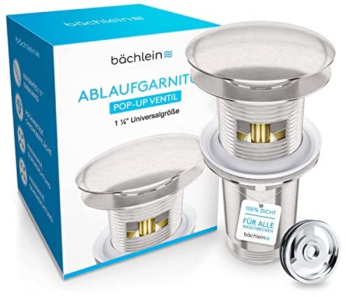 Bächlein Bonde Universelle avec Trop-Plein pour Lavabo et Évier – Valve Pop-up Inox Brossé – 3 Joints pour Lavabos de Tous Genres Inclus, Valve d’Écoulement Bonde - Montage avec Mode d’Emploi