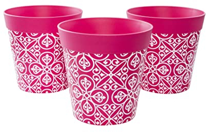 Hum Flowerpots, 15cm Set of 3, Various Patterns Colours and Sizes, Indoor/Outdoor Plastic Plant Pots, Pink Maroc