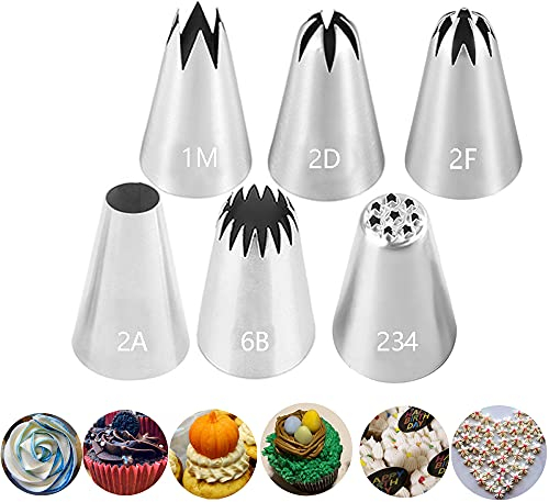 Lot de 6 douilles à douille pour décoration de gâteaux, douilles de glaçage pour décoration de gâteaux, kit de douilles pour décoration de gâteaux en forme de rose crème #1M 2A 2D 2F 6B 234