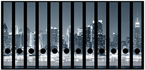 Wallario Ordnerrücken Sticker New York Skyline - Schwarz Weiß Blau - Größe 12 Stück, Rückenschilder für 12 schmale Ordner, Klebeetiketten