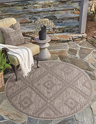 carpet city In-& Outdoor Teppich - Rund 120 cm - für Innen-& Außenbereich - Wetterfest Balkon-Teppich, Terrasse, Flur, Küche - Wohnzimmer-Teppiche - Hochtief/ 3D-Effekt - Rauten-Muster in Braun
