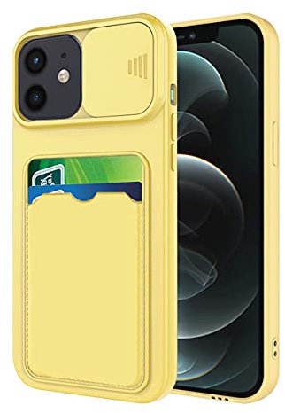 Wousunly Compatible avec Coque iPhone 12 Mini Antichoc avec Porte Carte, Etui iPhone 12 Mini Silicone avec Protection Cache Camera Coulissant Coque de Telephone Ultra Fine Housse (Jaune)