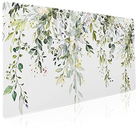 Sage Green Leaves Gaming Mouse Pad XXL Spring Summer Floral Extended Large Desk Mat White Big Mousepad Non-Slip Rubber Base Stitched Edge Long Mousepad for Desktop Office Gamer, 35.4 x 15.7 inches