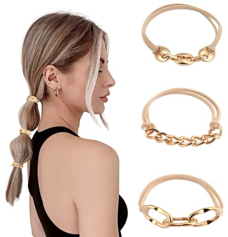FAMIDIQGO Haargummis für Damen und Mädchen, Metall kette, haarkreisPferdeschwanz-Halter für dickes Haar und lockiges Haar, 3 Stück