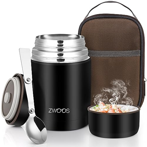 ZWOOS 800 ml Thermobehälter für Essen, 316 Edelstahl Wärmebehälter für speisen, Auslaufsicher Thermobecher Essen mit Edelstahllöffel, 12 Stunden Heiß, 12 Stunden Kalt (Schwarz)