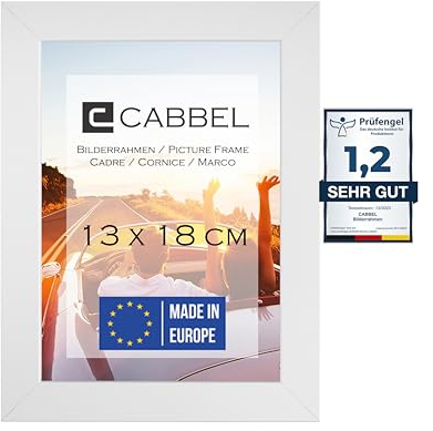 CABBEL Bilderrahmen 13x18 cm, Weiß, stabiles MDF-Holz Rahmen, bruchsicherem Plexi-Glas, zum Aufhängen & Aufstellen, ideal für Fotos/Bilder/Collage