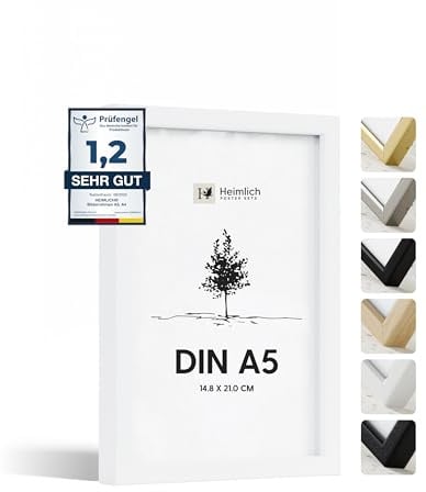 Heimlich® - Cornice per foto - A5 14,8x21 cm, Legno di Ayous, Bianco - Cornice per collage di poster di diploma con copertura in foglio di plastica - Montaggio a parete o esposizione da tavolo