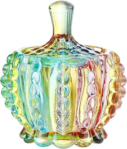 6 oz Colorful Embossed Glass Jars with Lid - Rainbow Candy Dish, Jewelry Dish, Small Decorative Jars for Candy Buffet, Kitchen, Home, Office Desk, Party (Chain)