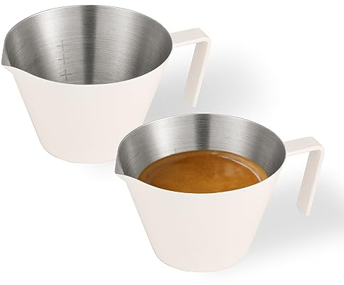 MHW-3BOMBER Espresso Shot Cups with Handle 2 Pack Espresso Measuring Cup Stainless Steel Pouring Cup for Tomato Sauce|Steak Sauce|Dessert|Beverage ((Cream White) G5699W*2
