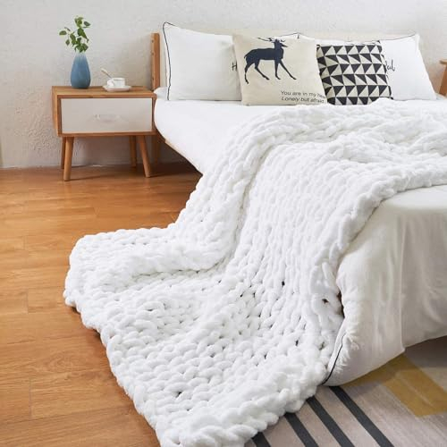 DASJD Grobe Strickdecke, Handgefertigt Grob Gestrickte Kuscheldecke, Gestrickte Decke Strick für Bett Und Sofa,Weiß,100x100cm