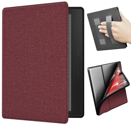 ERUNTO Custodia per Kindle Oasis 2/3 da 7 pollici, Cover in TPU con Texture in Tessuto e Doppia Cinghia sul Retro, Cover Magnetica con Funzione Smart Wake-up/Sonno (Bordeaux)