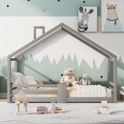 MQGPM Kinderbett Hausbett 90 x 200cm mit Rausfallschutz und Schornstein, Montessori Bodenbett für Kinderzimmer, Bettgestell aus Kiefernholz, Bett mit Lattenrost für Jungen & Mädchen, Grau