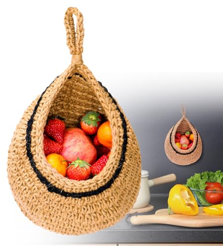 QIYILE Corbeille à fruits suspendue - Panier de rangement mural tissé à la main - Avec crochet - Pour restaurant, fruits et légumes