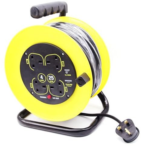 MAENGRE 25 Metres Four Socket Open Cable Reel Extension Lead with Winding Handle Thermal Out and Power Switch for Outdoor and Indoor Garden Work High Visibility Cable