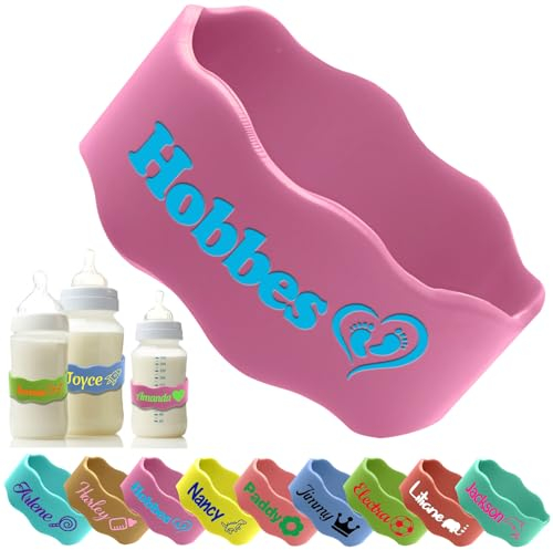 Custom Baby Bottle Labels for Daycare Personalised Silicone Name Bands Customised Reusable Waterproof Kids Cups Grip Straps-Pink