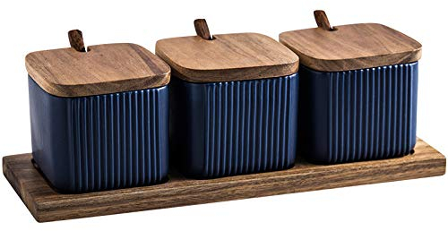 soulnioi Blue Ceramic Combination Seasoning Jar in 3,Square Seasoning Jar With Spoon,Ceramic Spice Jar With Wood Lid Salt Container Sugar Bowl