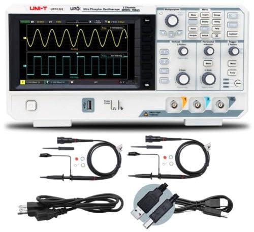 Uni-T UPO1202 Osciloscopio digital, ancho de banda de 200 MHz, 2 canales, frecuencia de muestreo de 1 GS/s, profundidad de memoria de 56 Mpts, velocidad de detección de 500.000 formas de onda/s